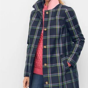 Talbots Navy Blue Plaid Rain A Line Trench Coat Jacket Pink Accents Cotton Sz L